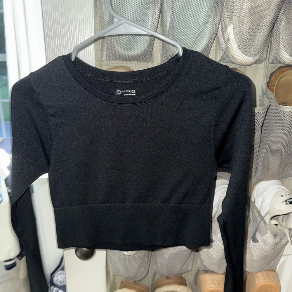 Aerie Black Fitted Crop Hoodie 3/4 Sleeve